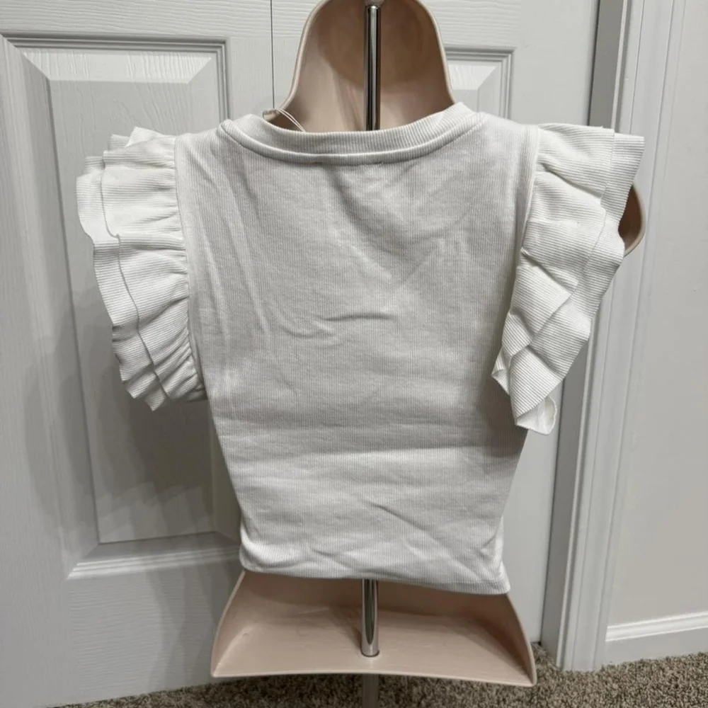 Zara White Ruffle-Sleeve Ribbed Crop Top - Picture 2 of 3